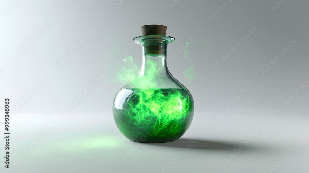 Mystical Potion Bottle with Swirling Green Liquid and Ethereal Mist on Dramatic White Backdrop Mystical Potion Bottle with Swirling Green Liquid and Ethereal Mist on Dramatic White Backdrop