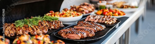 Festive holiday BBQ buffet with a variety of gourmet grilled meats, professional outdoor catering, and elegant dining setup