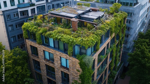 Photograph a building with a green roof, covered in plants to reduce heat and promote urban biodiversity.