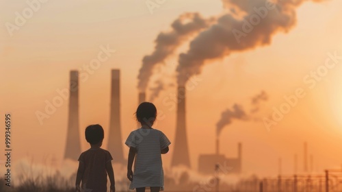 Silhouettes of children playing against a backdrop of industrial smokestacks and a hazy orange sunset sky highlighting the environmental and social impact of pollution on vulnerable populations photo