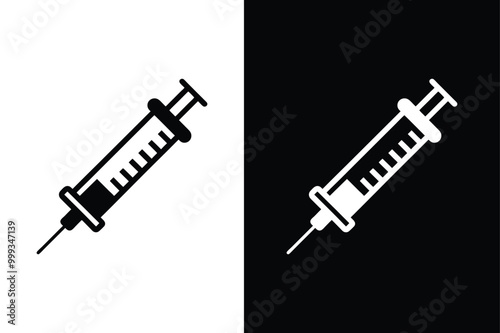 Injection syringe needle or vaccine shot flat icon silhouette for medical apps and websites black white background