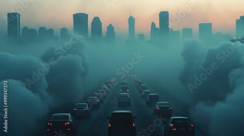 A Dystopian Scene of a Polluted Urban Transportation Network Enveloped in an Atmospheric Haze and Smog Depicting the Deep Environmental Impact of Vehicular Emissions and Industrial Pollutants