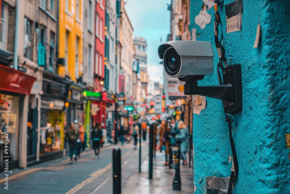 A vibrant urban street scene features a security camera mounted on a bright wall. This bustling area blends modern technology with lively surroundings. Generative AI A vibrant urban street scene features a security camera mounted on a bright wall. This bustling area blends modern technology with lively surroundings. Generative AI