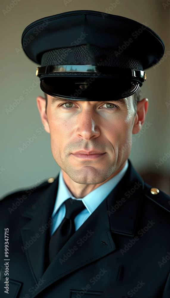 A man in a service uniform, wearing a black hat and blue tie. He has a serious expression on his face A man in a service uniform, wearing a black hat and blue tie. He has a serious expression on his face