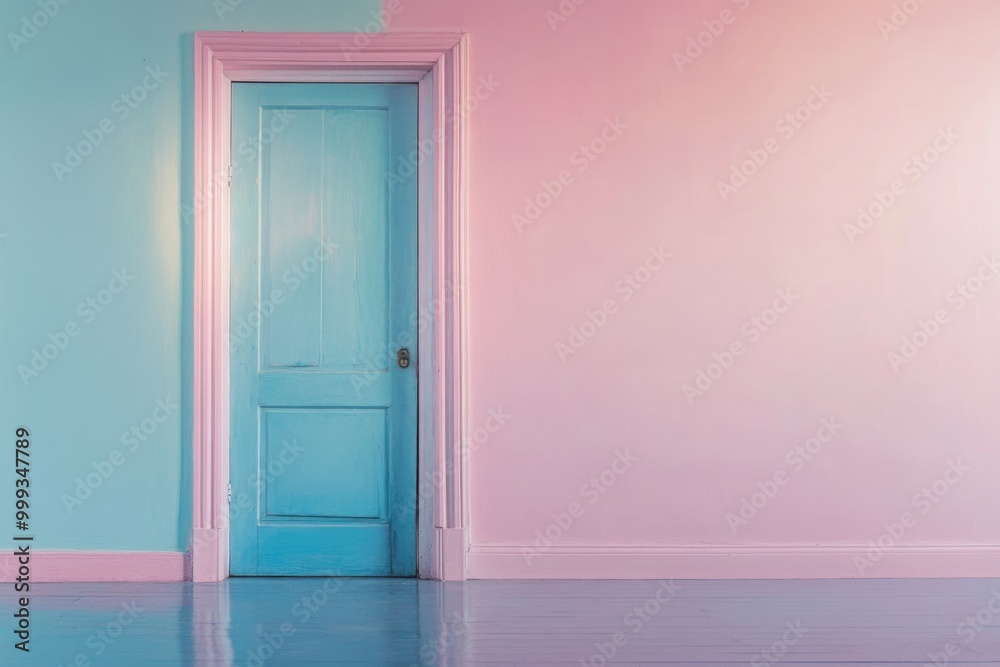 A stunning pastel door in a bright room. The walls blend blue and pink hues creating a calm atmosphere. Perfect for modern decor inspiration. Generative AI. A stunning pastel door in a bright room. The walls blend blue and pink hues creating a calm atmosphere. Perfect for modern decor inspiration. Generative AI.