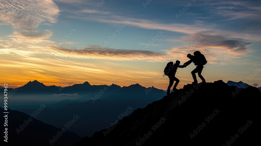 Hiker helping friend up a mountain at sunrise. People helping each other giving a helping hand to other hike up a mountain Hiker helping friend up a mountain at sunrise. People helping each other giving a helping hand to other hike up a mountain
