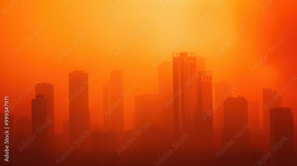 Dramatic cityscape with towering skyscrapers silhouetted against a hazy orange tinted sky created by environmental pollution and atmospheric conditions