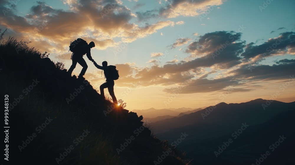 Hiker helping friend up a mountain at sunrise. People helping each other giving a helping hand to other hike up a mountain Hiker helping friend up a mountain at sunrise. People helping each other giving a helping hand to other hike up a mountain