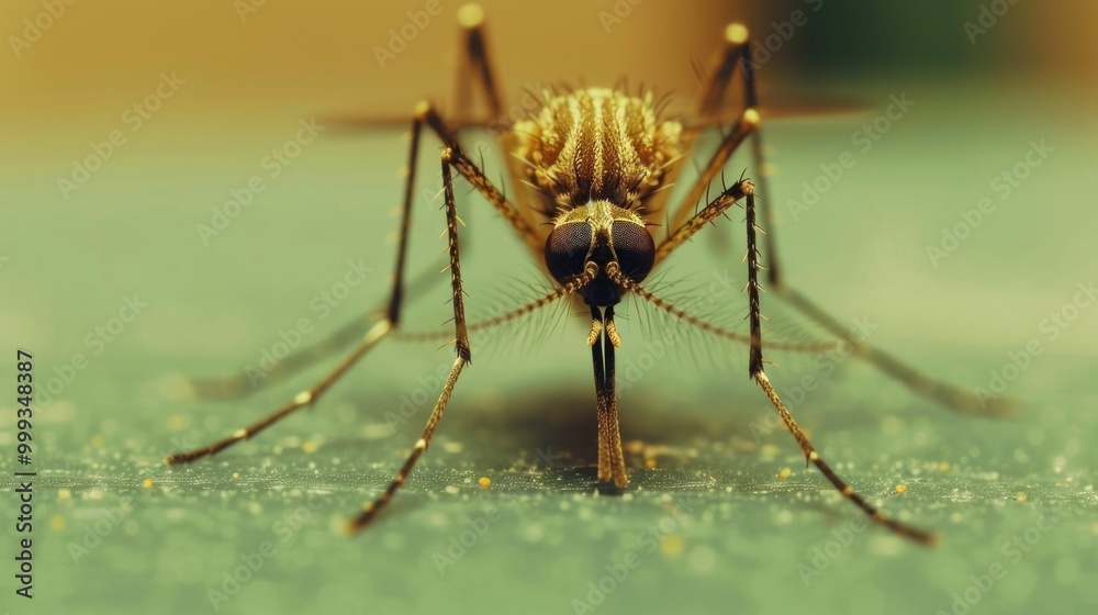 Fototapeta premium Extreme close up of a mosquito as a dangerous for parasitic transmission and disease spread with a blurry green and yellow background highlighting the insect s sharp focus and fine details