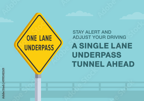 Safe driving tips and traffic regulation rules. Close-up of United States "one lane underpass" sign meaning. A single lane underpass tunnel ahead. Flat vector illustration template.