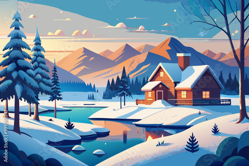 Ilustración de una una tarjeta de navidad con con una casa y un lago nevado