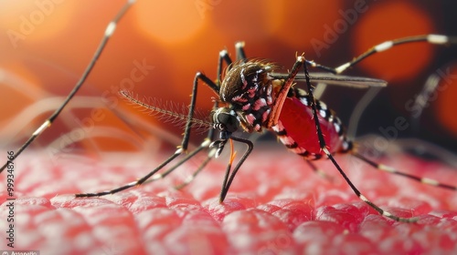 Closeup macro shot of a mosquito insect biting and feeding on human skin with parasites and disease transmission concept  The image shows the mosquito s proboscis piercing the skin and drawing blood photo