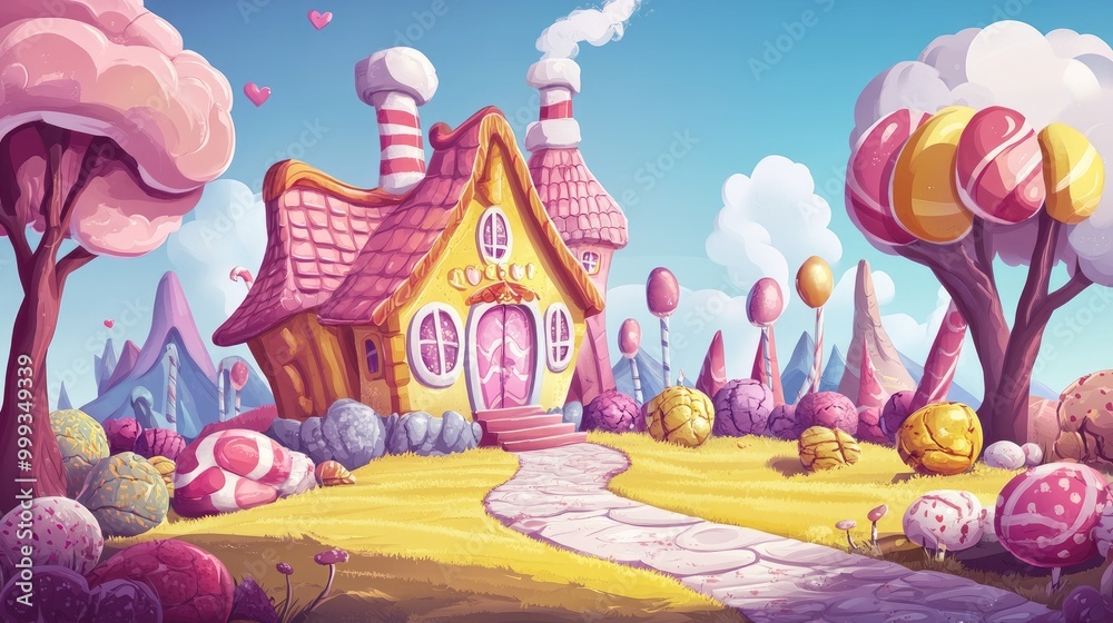 A whimsical candy-themed house with candy trees and a path leading to it
