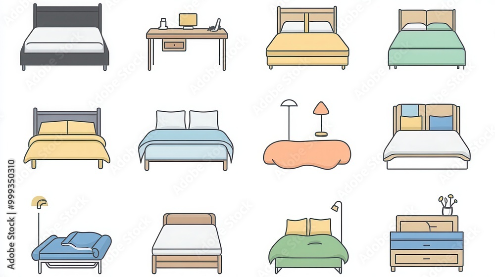 Bedding thin line icon set. such as slippers, bed, pillow, blanket, mattress, duvet, bed frame, sheet Bedding thin line icon set. such as slippers, bed, pillow, blanket, mattress, duvet, bed frame, sheet