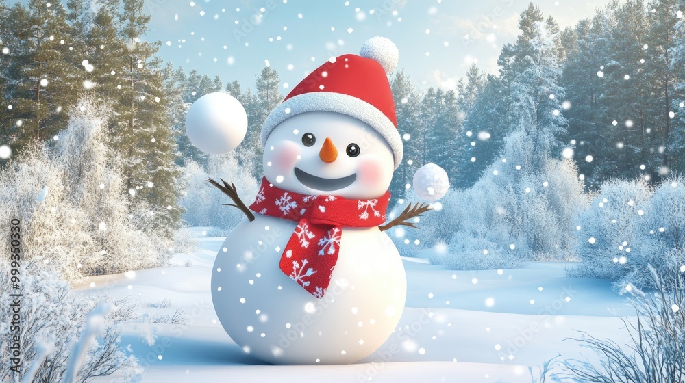 Fototapeta premium A Cheerful Snowman Playing With Snowballs in a Snowy Forest