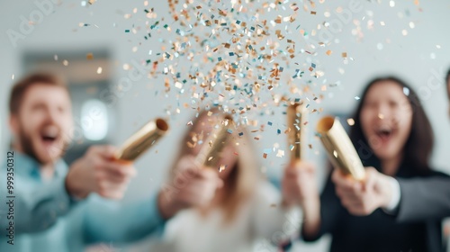 Celebration with confetti and people enjoying party atmosphere, blurred background.