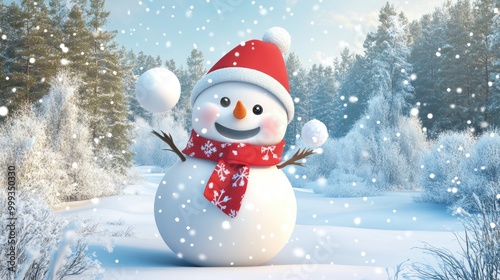 A Cheerful Snowman Playing With Snowballs in a Snowy Forest