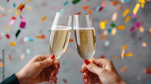 Celebratory toasting with champagne glasses surrounded by festive confetti photo