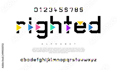 Righted creative modern geometric urban alphabet font. Digital abstract futuristic, game, techno, robot, music, logo, sport, minimal technology typography. Simple numeric vector illustration