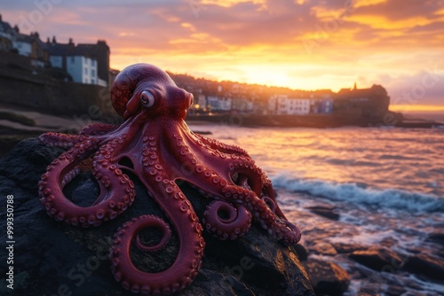 A vibrant red octopus rests on a rocky shore at sunset. The scene blends nature and beauty. An artistic perspective of marine life. Generative AI. photo