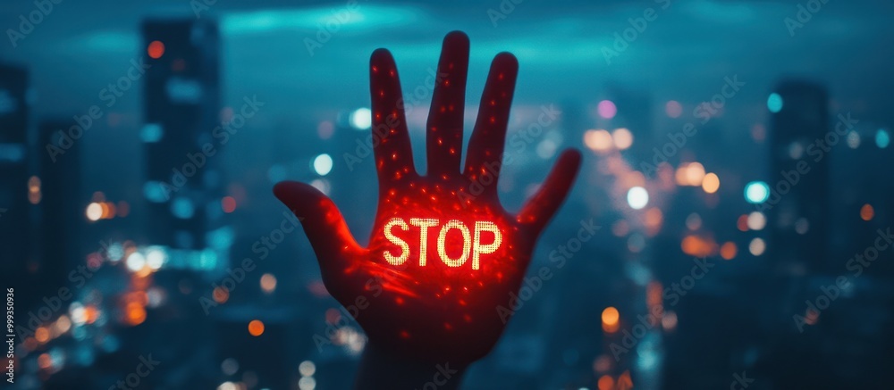 A hand with the word 'STOP' in red glowing letters against a blurry cityscape background. A hand with the word 'STOP' in red glowing letters against a blurry cityscape background.