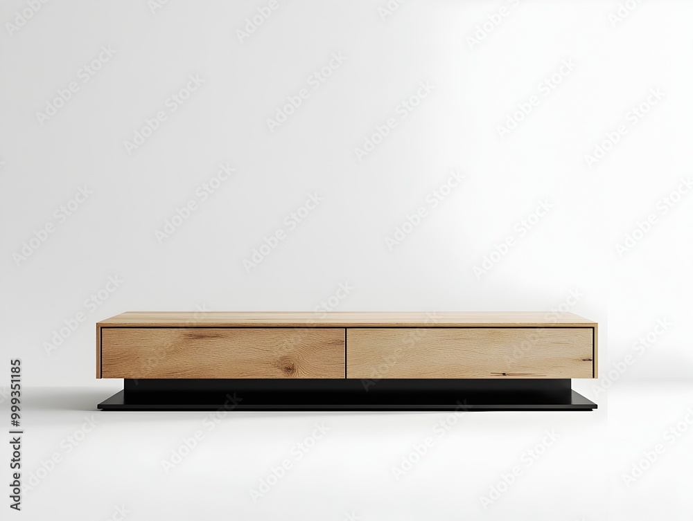 Sleek Minimalist TV Stand with Floating Design and Wood Metal Accents on White Studio Backdrop