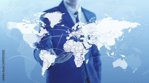 Businessman present world map for communication technology, wireless online internet network data transfer, global social connection, financial business analytics, data science and AI technology