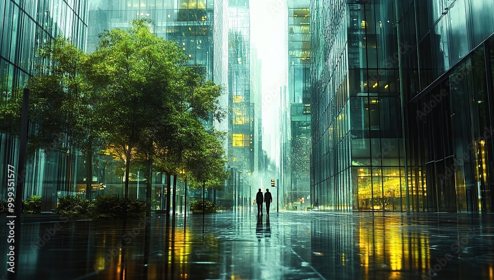 A cinematic shot of the city, tall glass buildings with green trees between them, a wet street and two people A cinematic shot of the city, tall glass buildings with green trees between them, a wet street and two people
