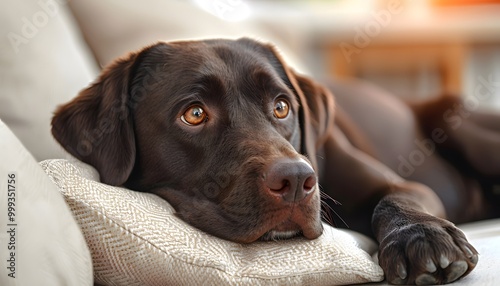 Labrador dog on sofa.