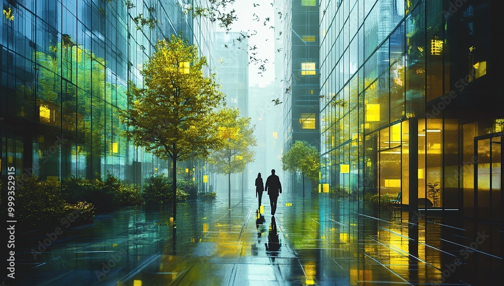 A cinematic shot of the city, tall glass buildings with green trees between them, a wet street and two people A cinematic shot of the city, tall glass buildings with green trees between them, a wet street and two people