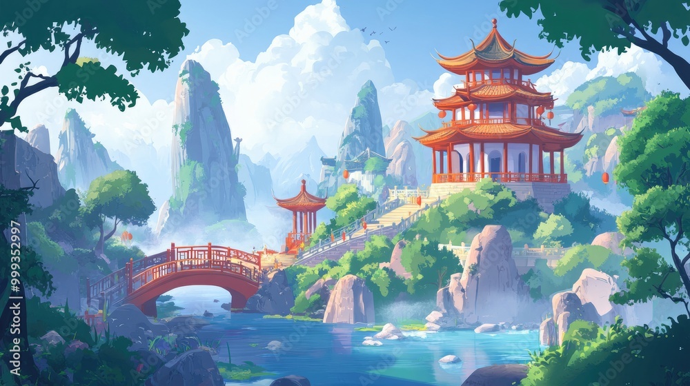 Obraz premium A Chinese Pagoda Perched on a Mountain Cliff Overlooking a Serene River