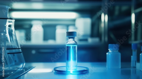 A glowing vial of liquid sits on a lab table, illuminated by blue light, with blurred bottles in the background.