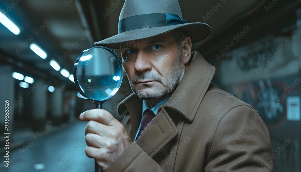 Fototapeta premium Detective man holding magnifying glass.