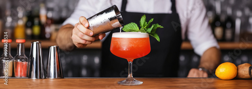 A bartender skillfully pours a colorful cocktail garnished with fresh mint leaves, showcasing the art of mixology in a vibrant bar setting. photo