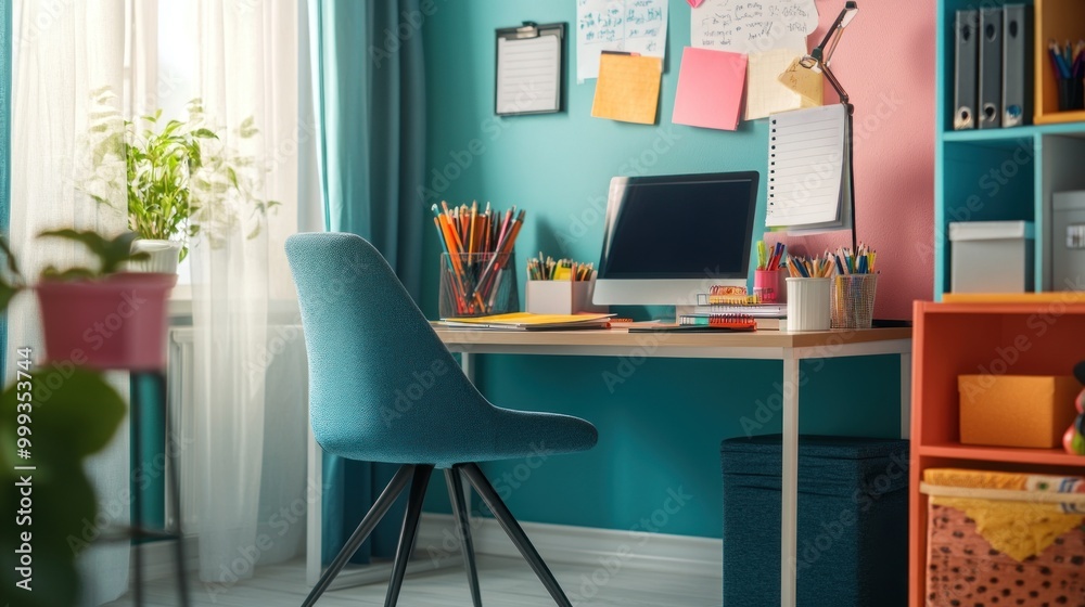 Capture a personal study space with a comfortable chair, a desk full of school supplies, and a motivational quote on the wall, creating an inviting study area. Capture a personal study space with a comfortable chair, a desk full of school supplies, and a motivational quote on the wall, creating an inviting study area.