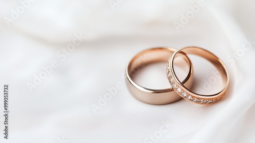 A close-up view of two wedding rings resting on a soft, white fabric, symbolizing love and commitment in a romantic setting.