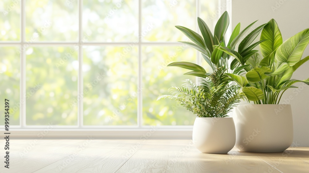 A serene indoor setting with lush green plants in elegant white pots, bathed in natural light from a large window, creating a refreshing atmosphere. A serene indoor setting with lush green plants in elegant white pots, bathed in natural light from a large window, creating a refreshing atmosphere.