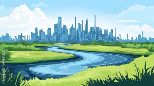 A winding river flows through a grassy field with a city skyline in the background