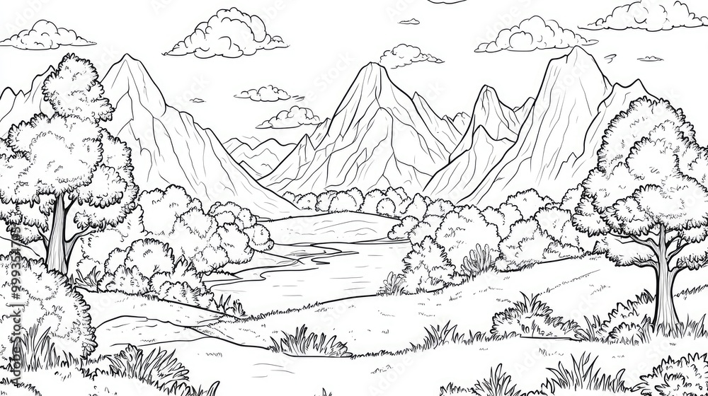 Black and White Line Drawing of a Serene Mountain Valley Landscape Black and White Line Drawing of a Serene Mountain Valley Landscape