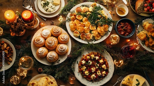 Festive Hanukkah spread with sufganiyot, latkes, and cheese dishes, overhead view. Hanukkah celebration. Rosh Hashanah, Jewish New Year photo