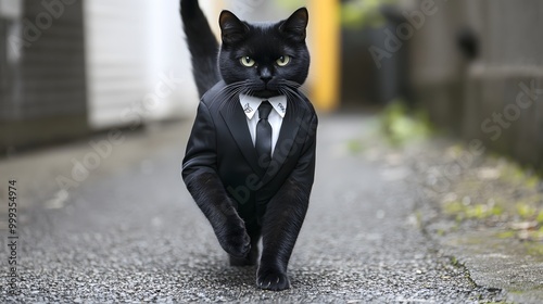 Cat in a well-fitted suit walking with a confident stride like a mafia kingpin photo