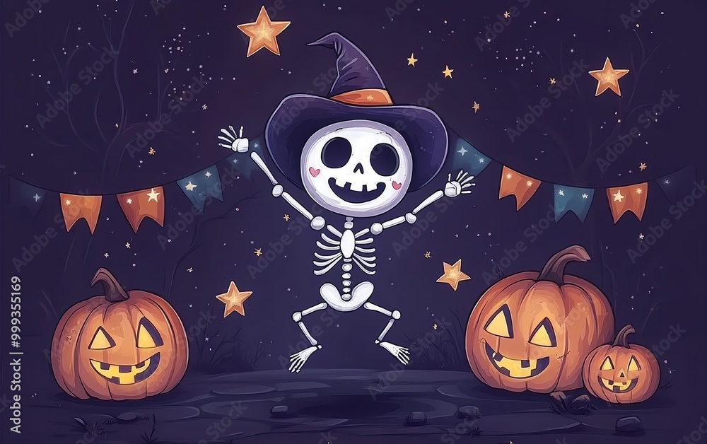 Cartoon skeleton in a hat dancing with pumpkins, festive banners, and stars, perfect for Halloween celebration and decorations Cartoon skeleton in a hat dancing with pumpkins, festive banners, and stars, perfect for Halloween celebration and decorations