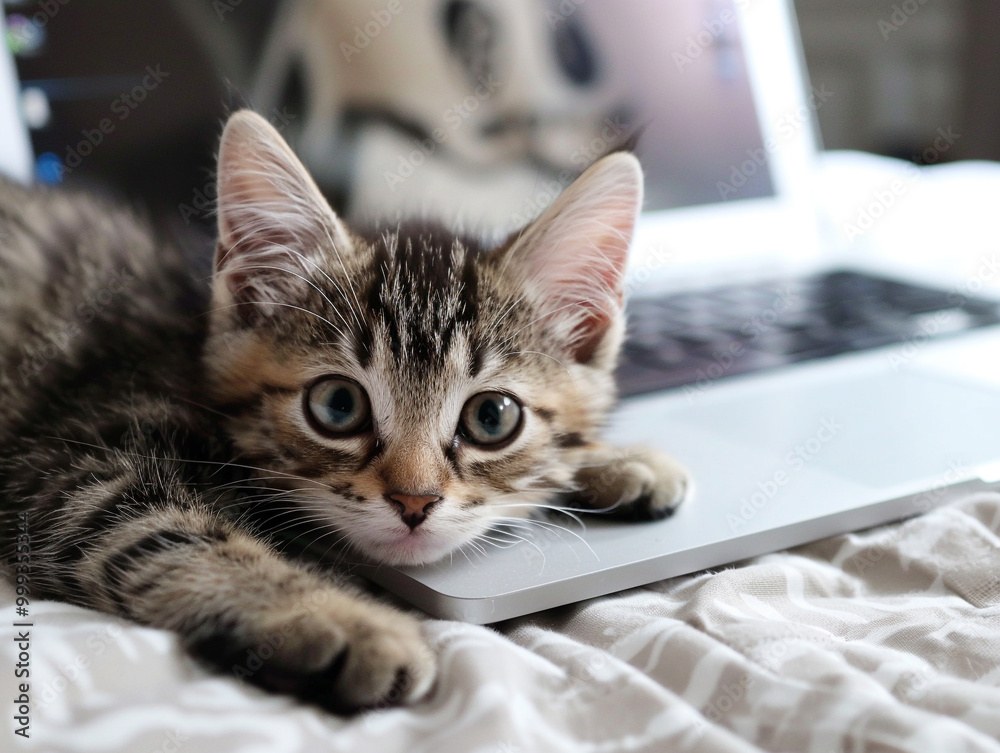 A cute kitten sitting font of a laptop in room ai generated A cute kitten sitting font of a laptop in room ai generated