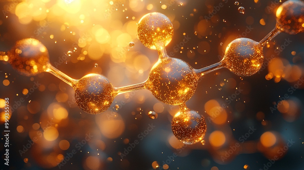 A detailed molecular structure intertwined with golden bubbles in a surreal 3D environment A detailed molecular structure intertwined with golden bubbles in a surreal 3D environment