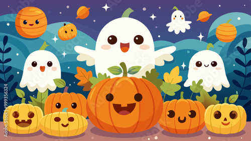 A flat-style background with cute, smiling ghosts floating around a pumpkin patch.