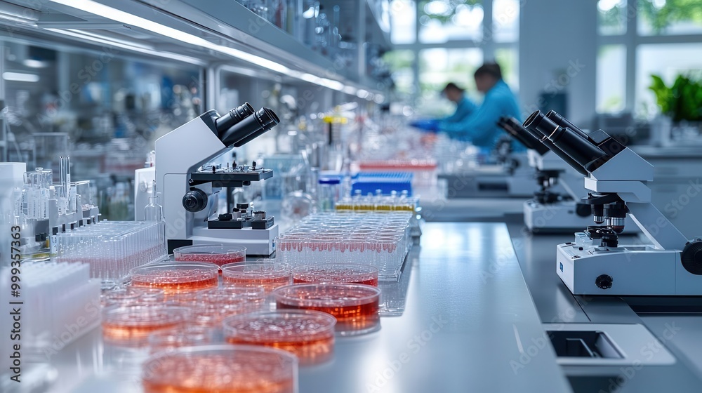 Naklejka premium A modern laboratory filled with microscopes and petri dishes, showcasing scientific research and innovation in a clean environment.