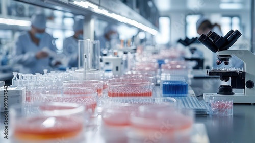 A modern laboratory scene with petri dishes, test tubes, and a microscope, showcasing scientific research and experimentation.