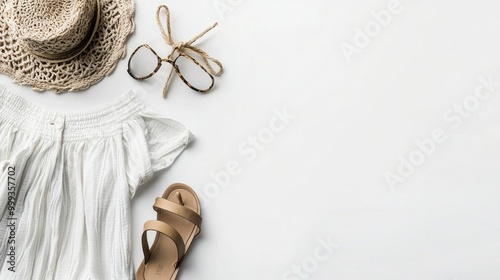 Carefree Summer Beach Vacation with Sun Hat and Footwear on Sandy Shore photo