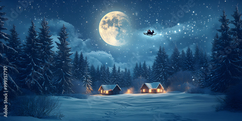 Christmas festival holiday celebration magical winter santa’s sleigh Santa Claus reindeer night full moon snow landscapes blue sky stars enchanting festive moonlight snowy cartoon illustration