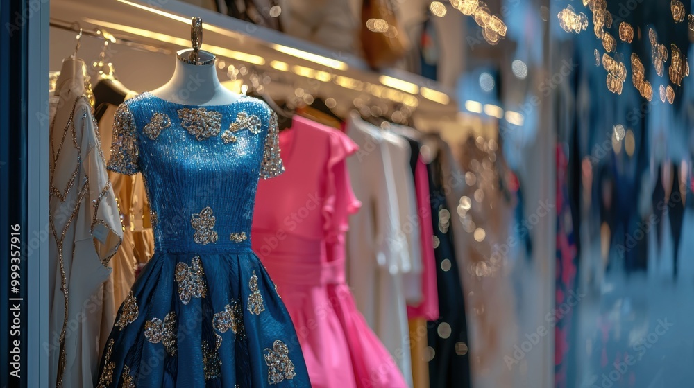 Obraz premium Elegant Evening Gowns Displayed in Luxury Fashion Boutique Window